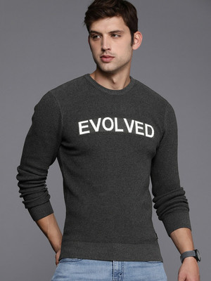 WROGN Self Design Round Neck Casual Men Grey Sweater