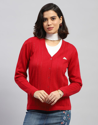 MONTE CARLO Self Design V Neck Casual Women Red Sweater