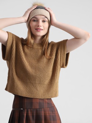ONLY Solid, Striped Round Neck Casual Women Brown Sweater