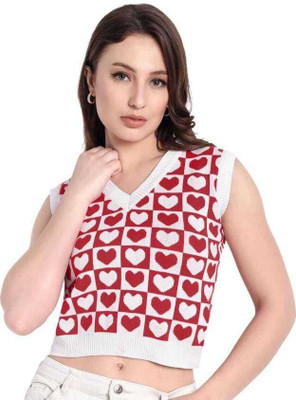 MUSKAN KNITWEAR Self Design V Neck Casual Women Red Sweater