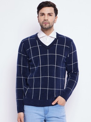 DUKE Checkered V Neck Casual Men Blue Sweater