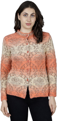 HITTIKA Self Design V Neck Casual Women Orange Sweater
