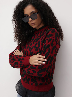 Roadster Self Design Round Neck Casual Women Red Sweater