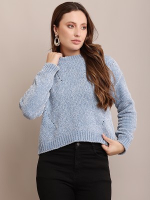 Nobarr Solid Round Neck Casual Women Blue Sweater