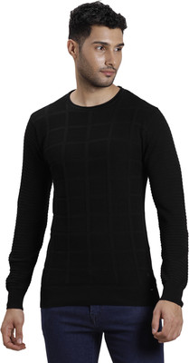 TURTLE Striped Round Neck Casual Men Black Sweater