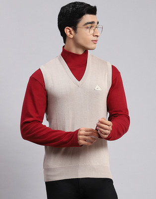 MONTE CARLO Solid V Neck Casual Men Beige Sweater