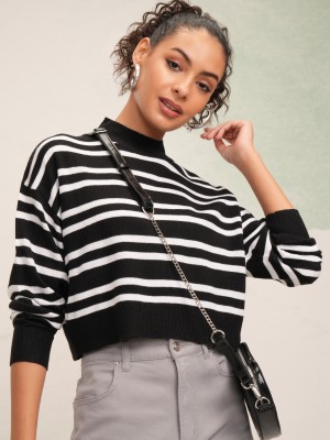 Tokyo Talkies Striped Round Neck Casual Women Black Sweater