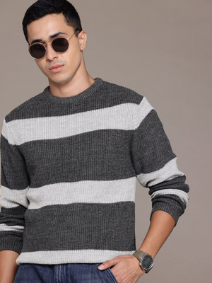 Roadster Striped Round Neck Casual Men Grey Sweater