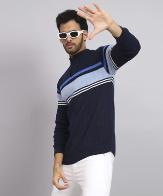 HELL BOUND Colorblock Round Neck Casual Men Blue Sweater