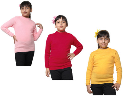 Indistar Solid Round Neck Casual Baby Girls Pink, Maroon, Yellow Sweater