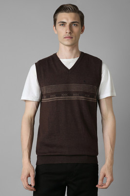 LOUIS PHILIPPE Striped V Neck Casual Men Brown Sweater