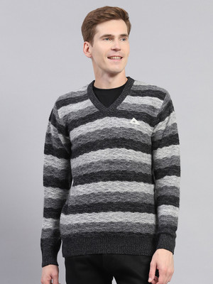 MONTE CARLO Striped V Neck Casual Men Black Sweater
