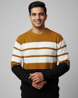 AUREN Colorblock Round Neck Casual Men Gold Sweater