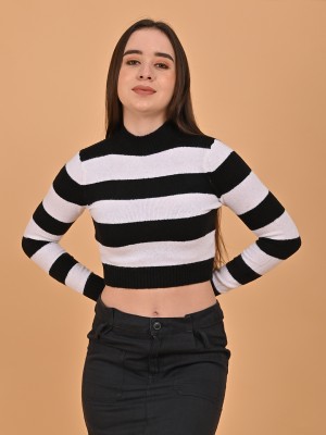 Nobarr Colorblock High Neck Casual Women Black, White Sweater