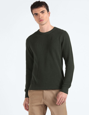FLYING MACHINE Solid Crew Neck Casual Men Green Sweater