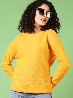 V-MART Solid, Self Design Crew Neck Casual Women Yellow Sweater