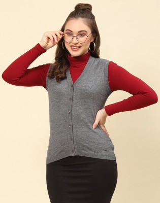 MONTE CARLO Solid V Neck Casual Women Grey Sweater