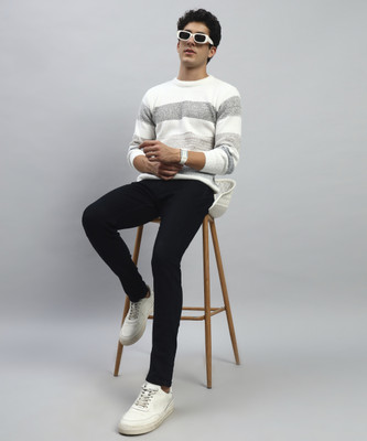 SILVANUS Colorblock Round Neck Casual Men Grey, White Sweater