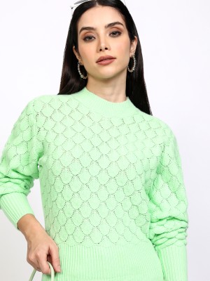 Tokyo Talkies Self Design Round Neck Casual Women Green Sweater