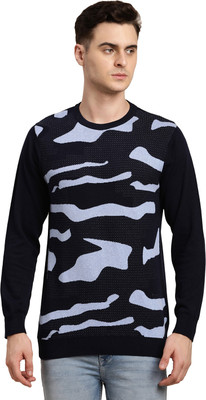 TURTLE Printed Round Neck Casual Men Dark Blue Sweater