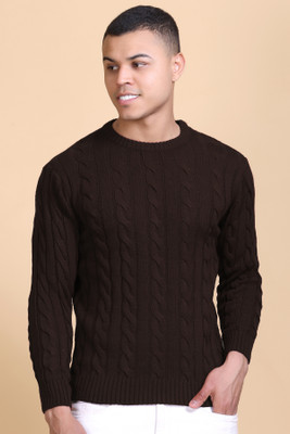 DZANT Self Design Round Neck Casual Men Brown Sweater
