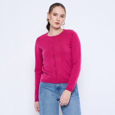 MADAME Solid Crew Neck Casual Women Pink Sweater