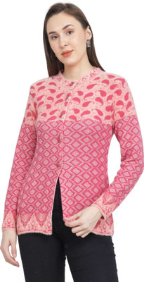 HITTIKA Self Design, Woven Round Neck Casual Women Pink Sweater
