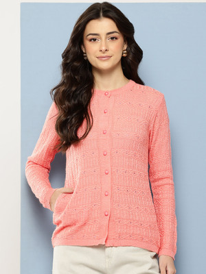 MUHURATAM Self Design Round Neck Casual Women Orange Sweater