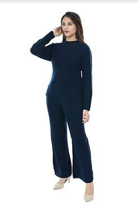 Woolly Self Design Round Neck Casual Women Dark Blue Sweater