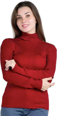 theprettysoul Striped High Neck Casual Women Maroon Sweater
