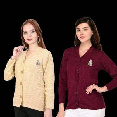 LUXURIOUS DESIGN Solid V Neck Casual Women Beige, Maroon Sweater