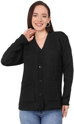 manra Solid V Neck Casual Women Black Sweater