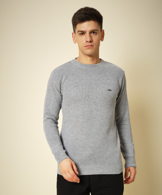 HELL BOUND Solid Round Neck Casual Men Grey Sweater