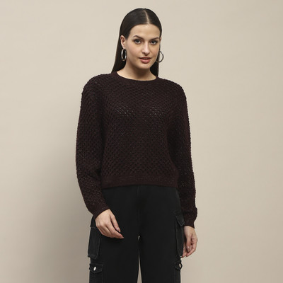 MADAME Solid Crew Neck Casual Women Brown Sweater