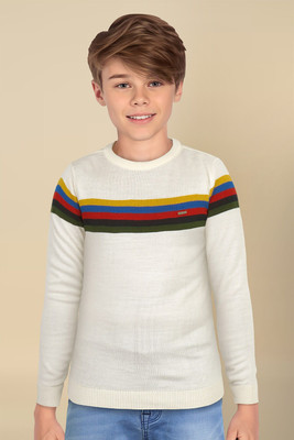 Allen Solly Striped Crew Neck Casual Boys White Sweater