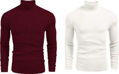 nikline Solid High Neck Casual Men White, Maroon Sweater