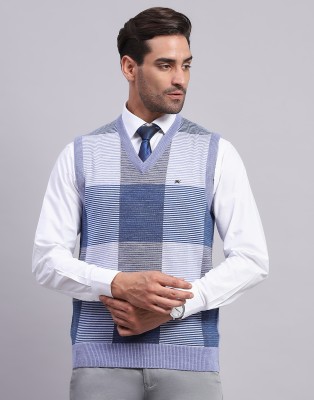 MONTE CARLO Colorblock V Neck Casual Men Blue Sweater