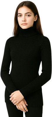 Poorrns Self Design Turtle Neck Casual Women Black Sweater