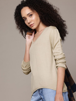 Roadster Solid V Neck Casual Women Beige Sweater