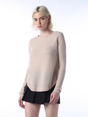 ONLY Self Design Round Neck Casual Women Beige Sweater