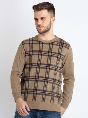 Status Quo Checkered Round Neck Casual Men Brown Sweater