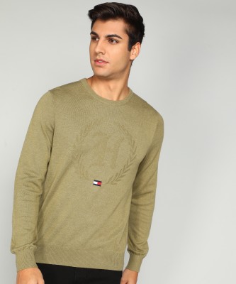 TOMMY HILFIGER Self Design Crew Neck Casual Men Dark Green Sweater