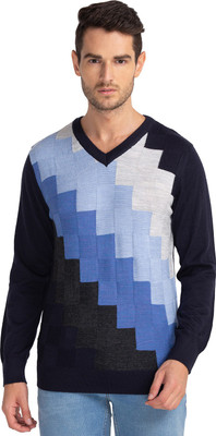 PARX Colorblock V Neck Casual Men Blue Sweater