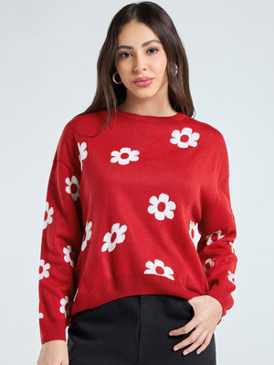 BEWAKOOF Printed Round Neck Casual Women Red Sweater