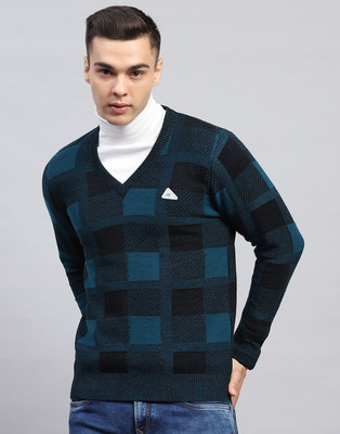 MONTE CARLO Checkered V Neck Casual Men Blue Sweater