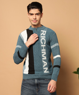 HELL BOUND Colorblock Round Neck Casual Men Blue Sweater