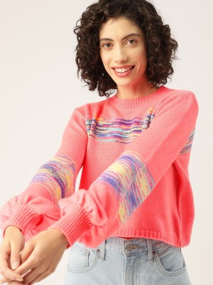 Mast & Harbour Printed Round Neck Casual Women Pink Sweater