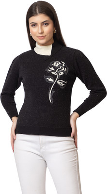 GFO Self Design Round Neck Casual Women Black, White Sweater