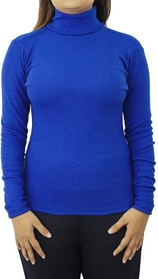 Oishee Solid High Neck Casual Women Blue Sweater