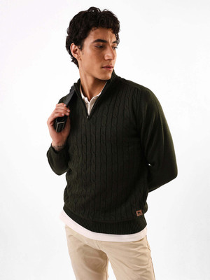 Dennis Lingo Striped High Neck Casual Men Green Sweater